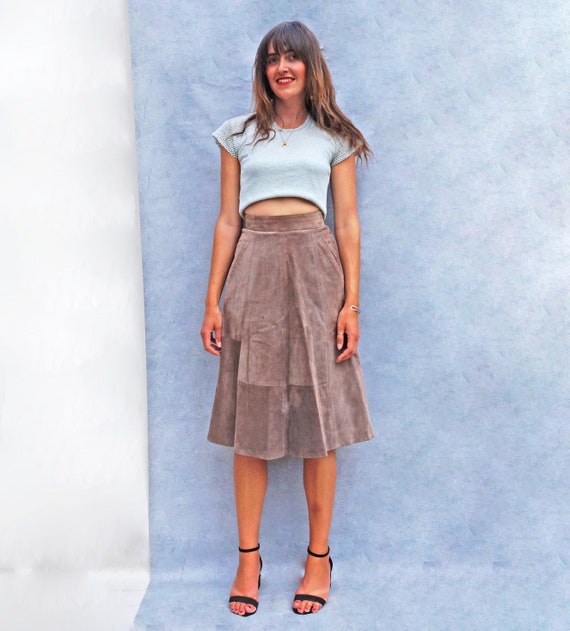 Vintage High Waisted Brown Suede Skirt, 80s A-line