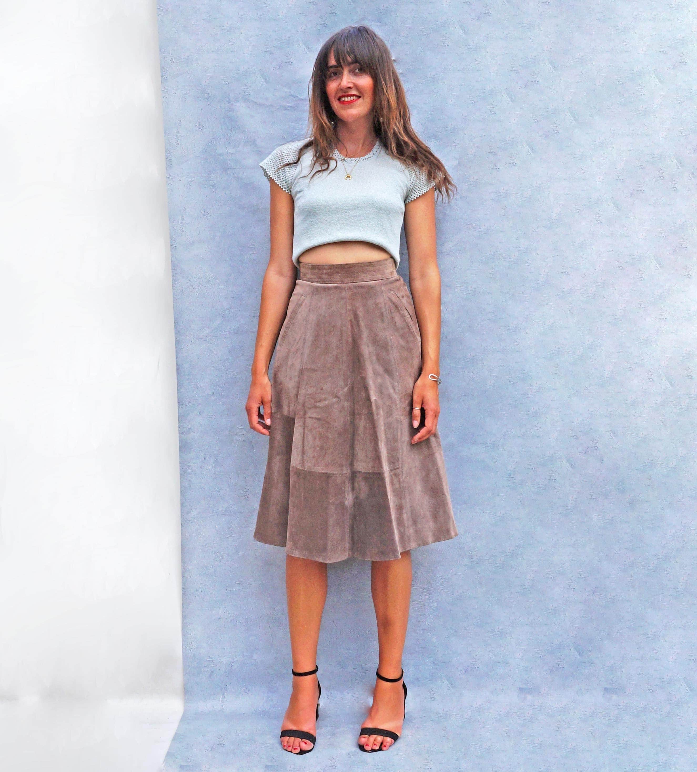 Image of Vintage High Waisted Brown Suede Skirt, S A-Line Leather Skirt