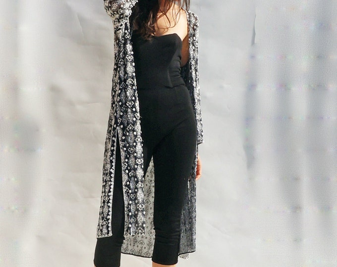 Sequin Kimono Jacket, 70s Ornate Beaded Jacket, Boho Sequin Silk Kimono