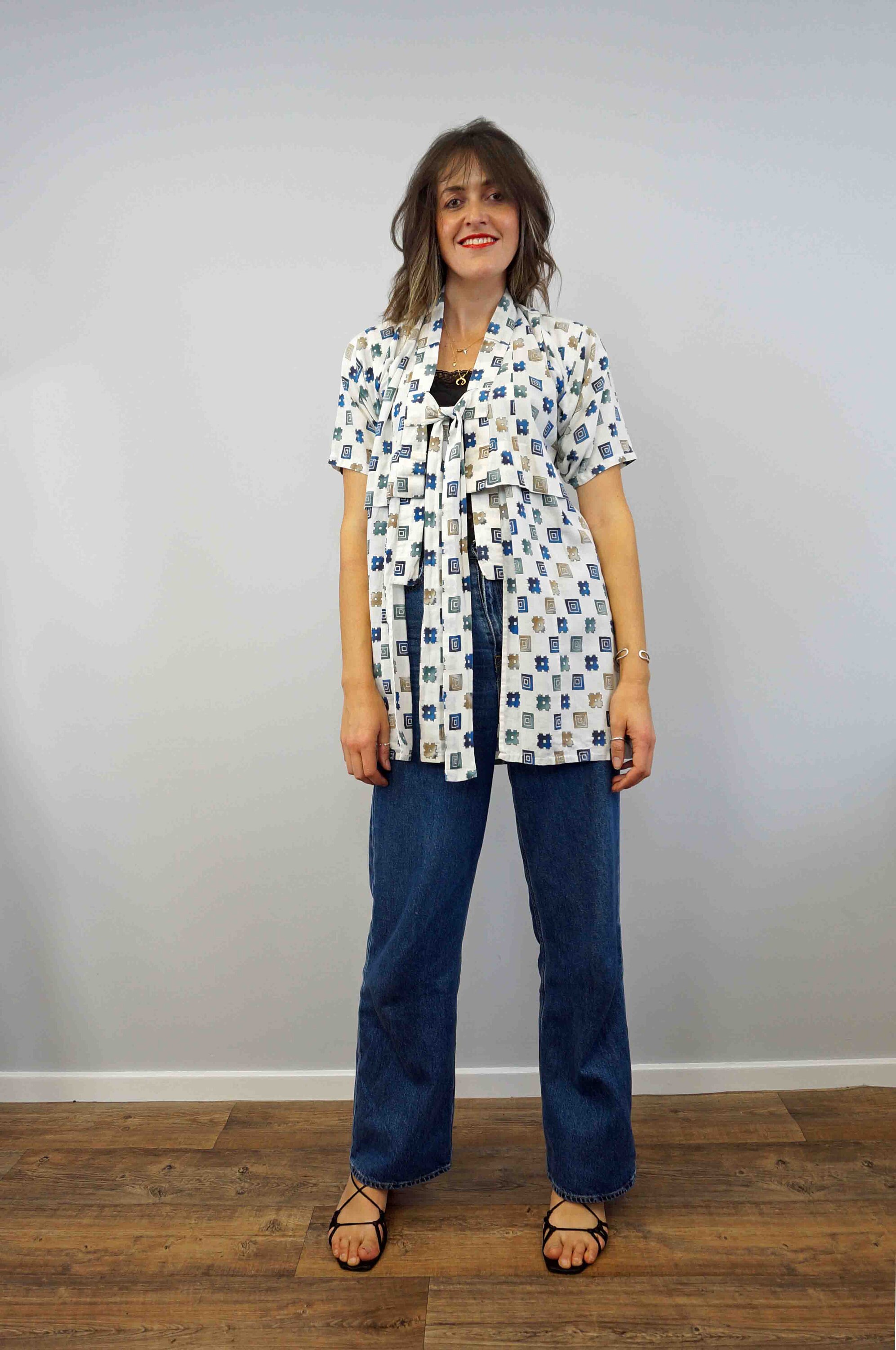 Short Vintage Geometric Print Kimono 
