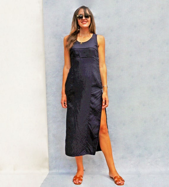 Vintage 90s Navy Blue Linen Tunic Dress, Floor Len
