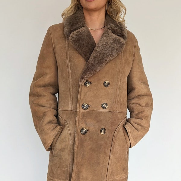 Vintage Shearling Double Breasted Coat, Unisex Long Sheepskin Coat with Pockets