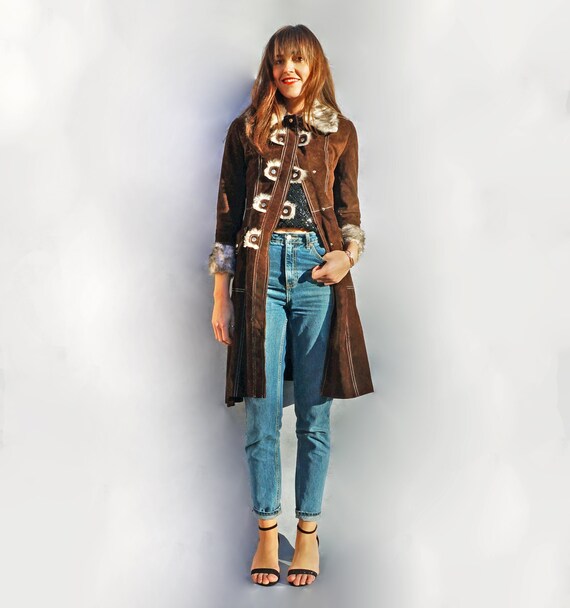 Double Breasted Brown Leather Trench Coat, Vintage