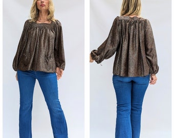 70s Vintage Richards Brown Shimmer Flared Evening Party Top