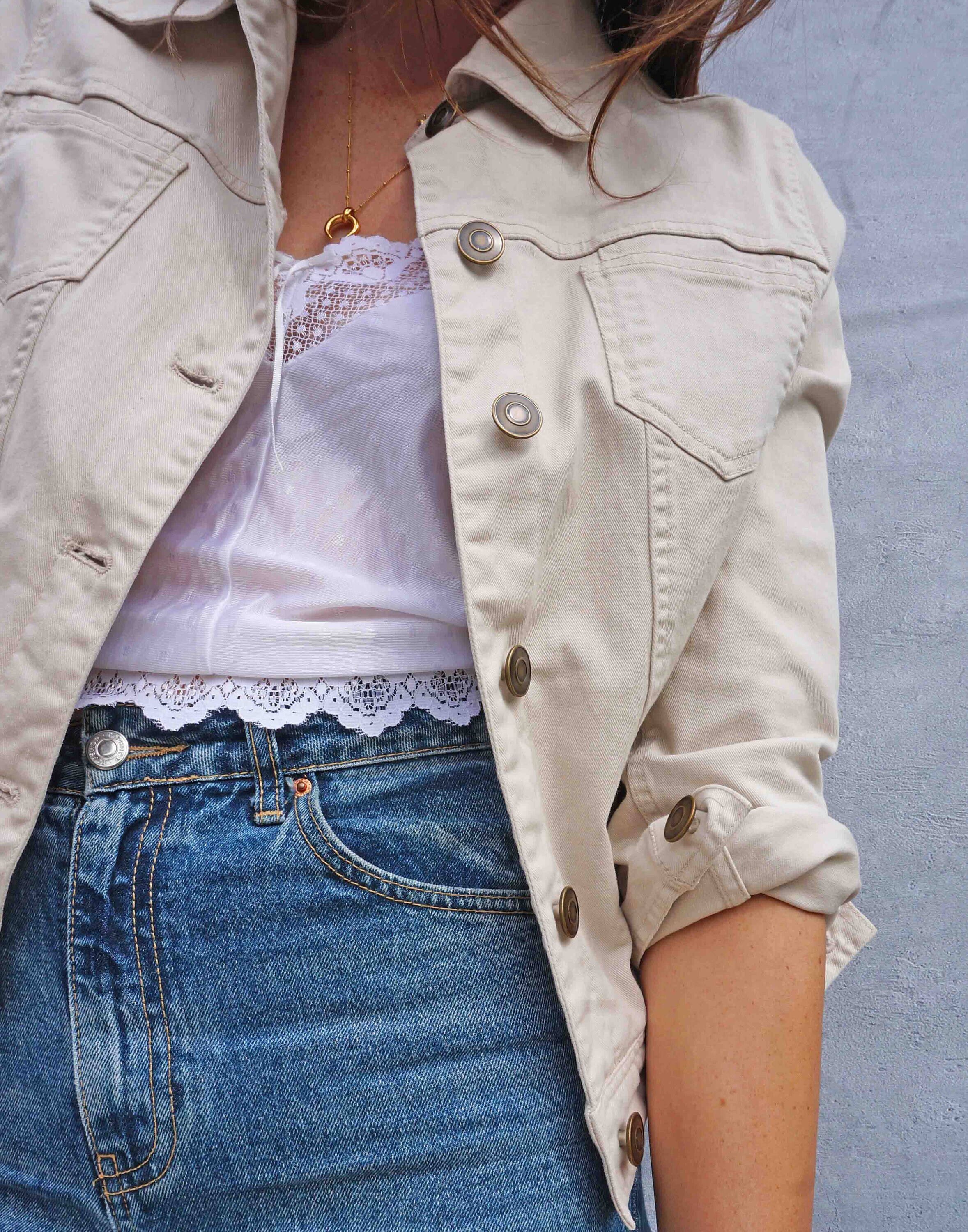 cream coloured denim jacket