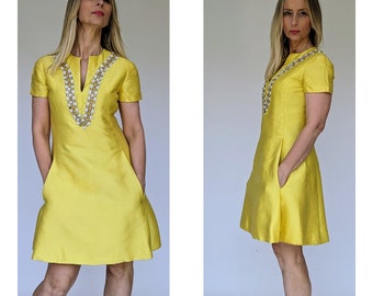 1960s Elinor Simmons for Malcolm Starr, Makoff Salt Lake City, Yellow Beaded Cocktail Dress, Short Sleeved Vintage Party Dress with Pockets