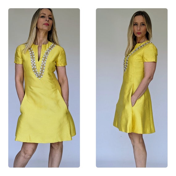 Amazing 1960s Malcolm Starr by Elinor Simmons Red & Gold Thread Dress w Sequin, Beading & Crystal Detailing