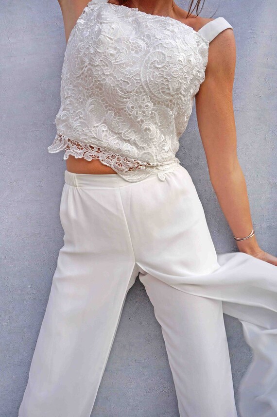 Vintage White Lace Bridal Pant Suit, Boho Women's