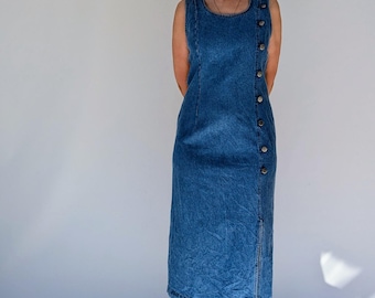 1980&#39;s Long Fitted Denim Dress, Button Down Vintage Denim Summer Maxi Dress