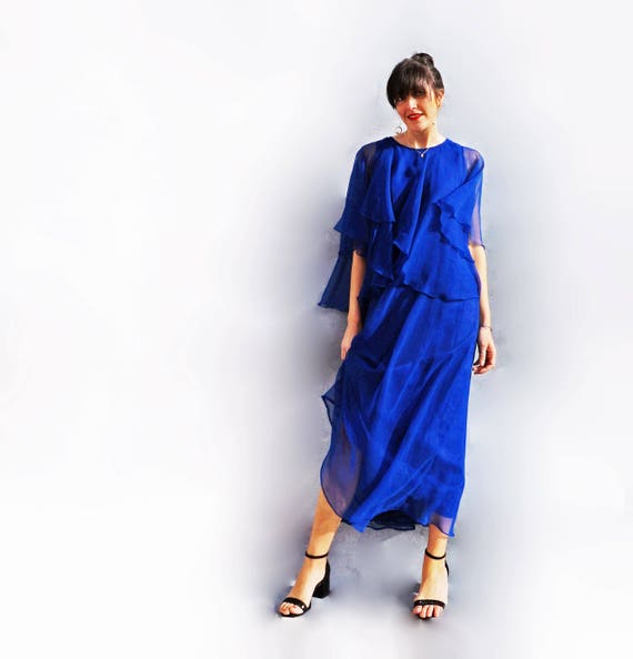 Jean Varon Long Blue Cocktail Dress, Layered Float
