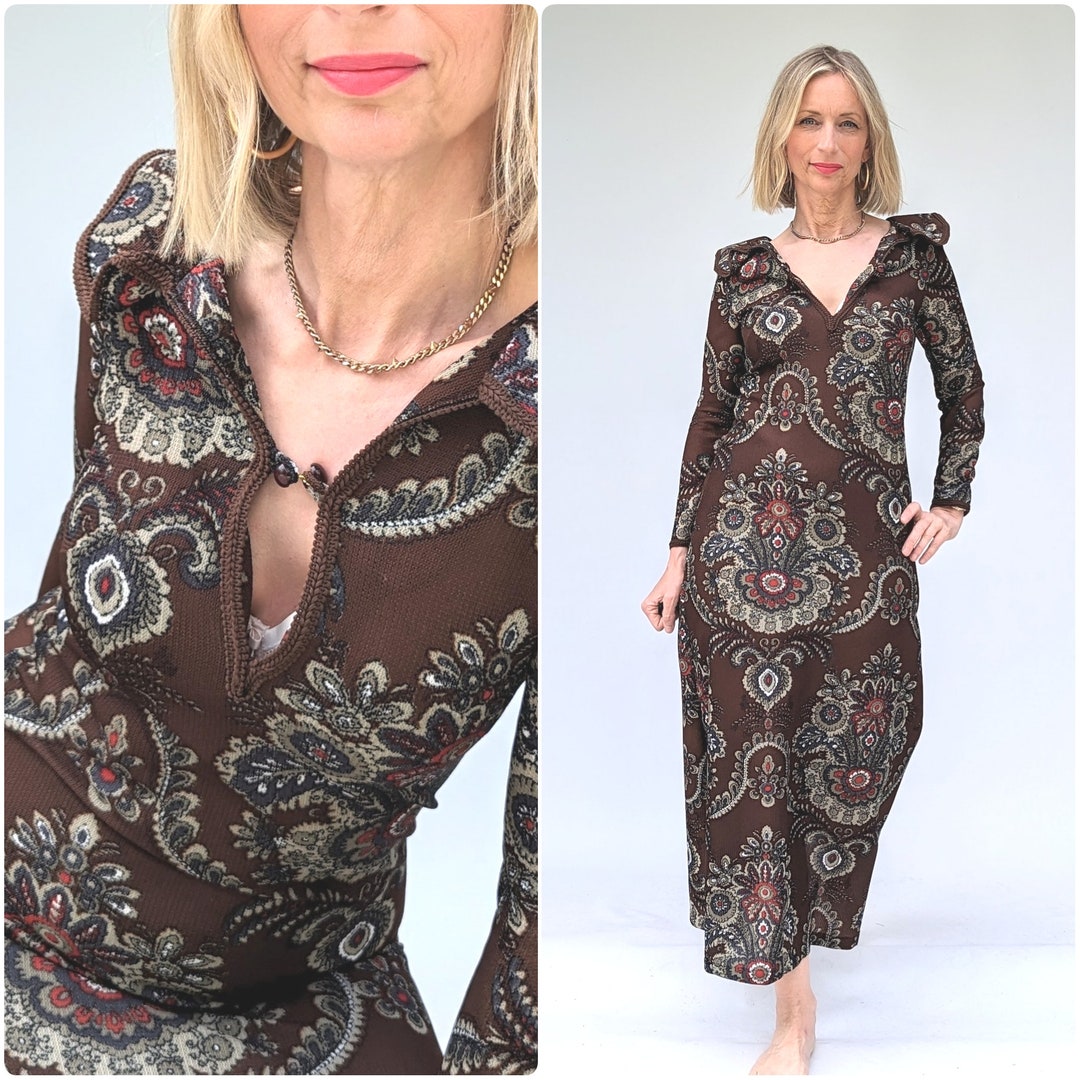 1970s Vintage Brown Maxi Dress, 70s Boho Hippie Long Sleeved Dress - Etsy