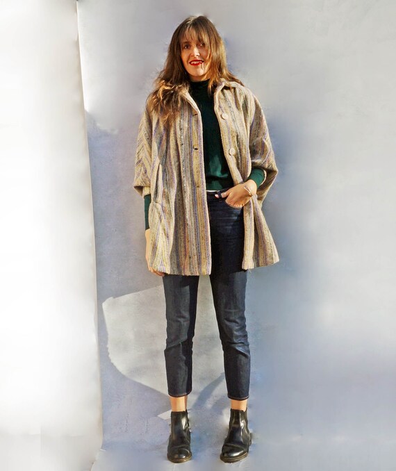 Striped Casual Vintage Wool Cape Coat, Short Winte