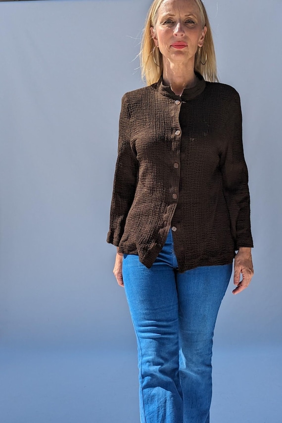 Jean Muir, 1980s Vintage Jean Muir Blouse, Brown Long Sleeve 80s Top