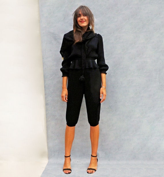 Vintage 60s Black Wool Pant Suit, Women's Knitted