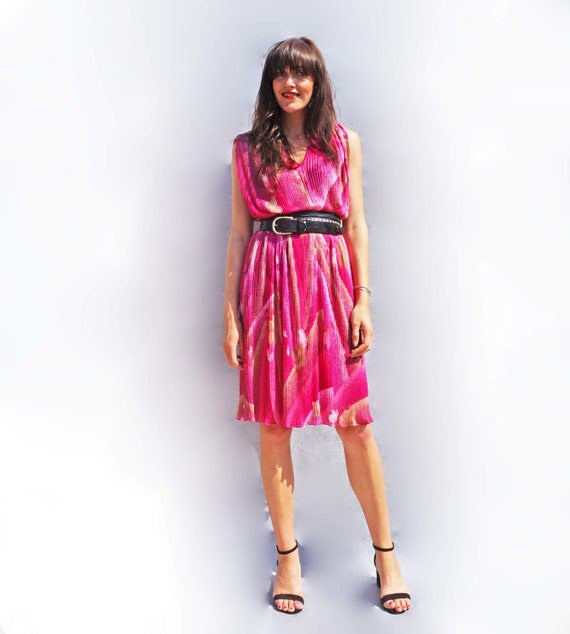 Pink Pleated Goddess Dress, Oversized 80s Summer D