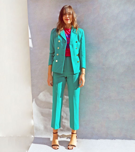 Women's Vintage Green Wool Pant Suit, 1980s Ladies