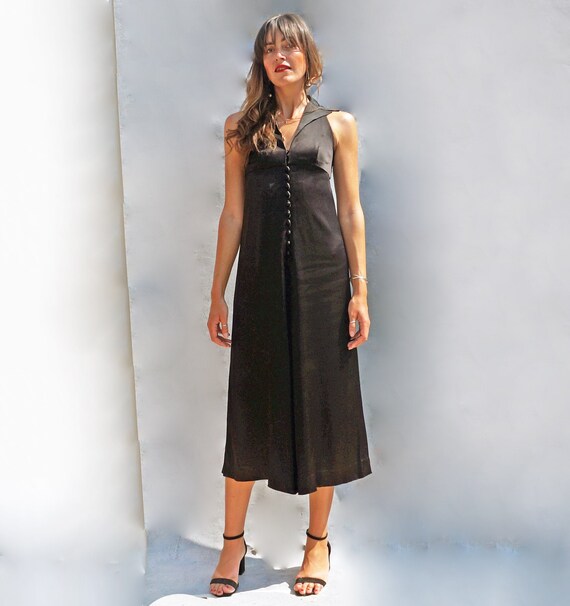 Black Silk Palazzo Jumpsuit, Vintage 70s Formal Sa