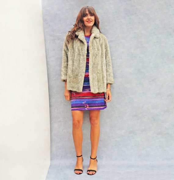 Grey Faux Fox Fur Coat, Vintage Silver Fake Fur Co
