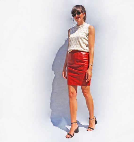 Vintage Red Leather Pencil Skirt, High Waist Knee