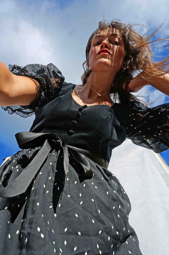 Vintage Black Polka Dot Boho Prairie Dress, Puff S