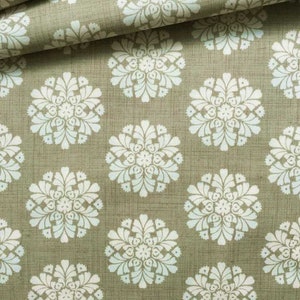 Könnte beinhalten: Nahaufnahme eines Stoffes mit einem sich wiederholenden Muster aus weißen Blumenmedaillons auf einem gedämpften olivgrünen Hintergrund. Der Stoff hat ein strukturiertes Aussehen.