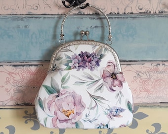 Vintage evening clutch purse with roses and lilacs, kiss lock purse, metal frame purse,