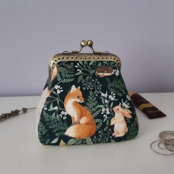 Myntväska med rävar, kysslåsväska, boho-tema, skogsmark