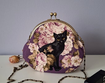 Kiss lock purse with black cats and flowers, purse