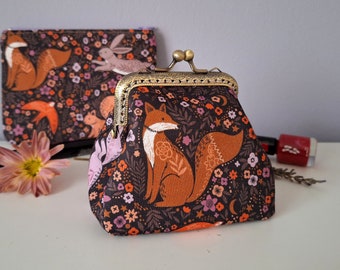 Coin purse clutch with fox and squirrel, kiss lock purse, boho theme, woodland, dashwood