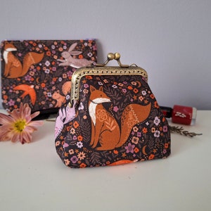 Coin purse clutch with fox and squirrel, kiss lock purse, boho theme, woodland, dashwood