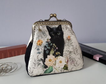 Lindo bolso de mano con lindo gato negro, bolso con cierre de beso y gatito