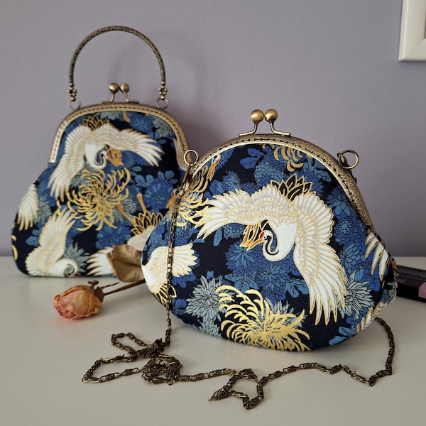 Kiss lock purse with cranes and flowers, purse, oriental