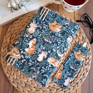 Copertina regolabile per libri, sovraccoperta fatta a mano, volpi e cerbiatti, segnalibro, accessori per libri, regalo per amanti dei libri