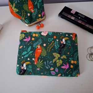 Bolsa com zíper com papagaios e tucanos, bolsa de maquiagem, capa de telefone, bolsa, tema selva