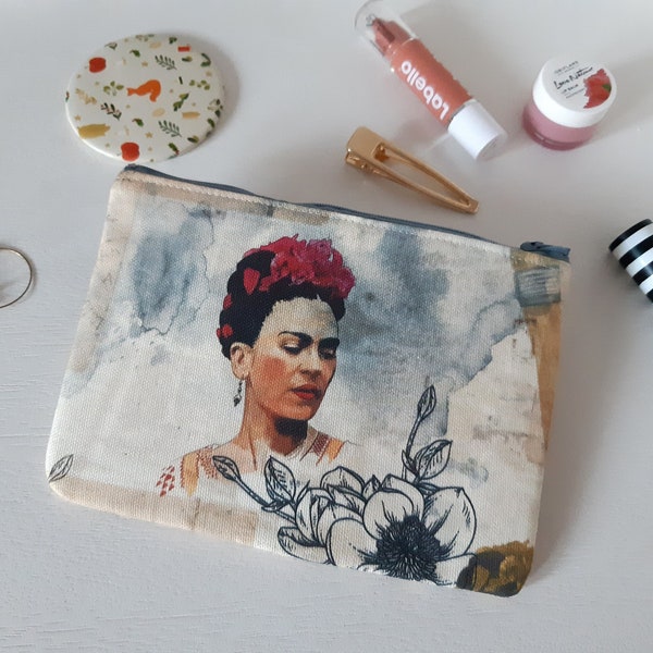 Zippered pouch with Frida Kahlo, makeup bag, phone case, purse, watercolor