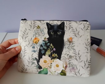 Zippered pouch with adorable black cat, makeup bag, phone case, purse