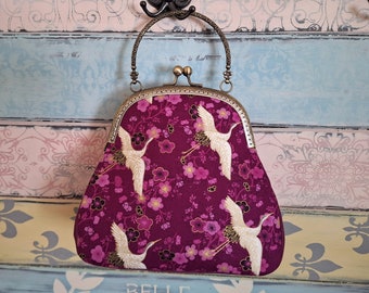 Romantic evening clutch purse with cranes and cherry blossoms, kiss lock purse, metal frame purse, purse with handle