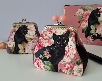 Coin purse clutch with black cat and roses, kiss lock purse, japanese canvas