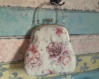 Vintage evening clutch purse with peonies and lilies, kiss lock purse, metal frame purse