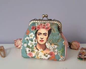 Romántico monedero clutch con Frida y flores, monedero con cierre de beso