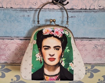 Romantic evening clutch purse with Frida, kiss lock purse, metal frame purse