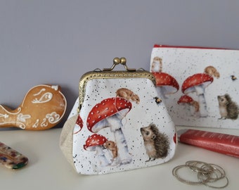 Cute coin purse clutch with mice, mushrooms, birds and hedgehog, kiss lock purse