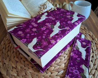 Adjustable book cover, handmade book jacket, japanese cranes, bookmark, book accesories, book lover gift