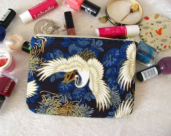 Zippered pouch with japanese cranes, makeup bag, phone case, purse