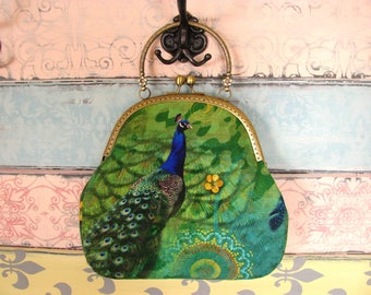 Romantic evening clutch purse with peacocks, kiss lock purse, metal frame purse, purse with handle