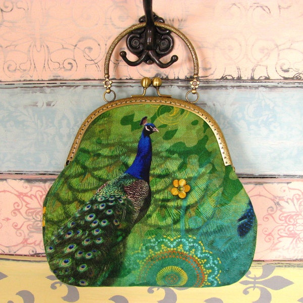 Romantic evening clutch purse with peacocks, kiss lock purse, metal frame purse, purse with handle