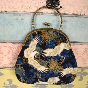 Romantic evening clutch purse with cranes, kiss lock purse, metal frame purse, purse with handle