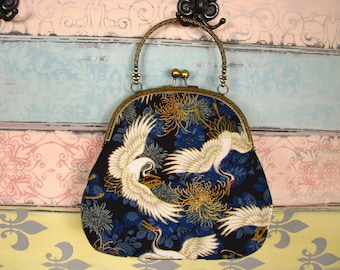 Romantic evening clutch purse with cranes, kiss lock purse, metal frame purse, purse with handle