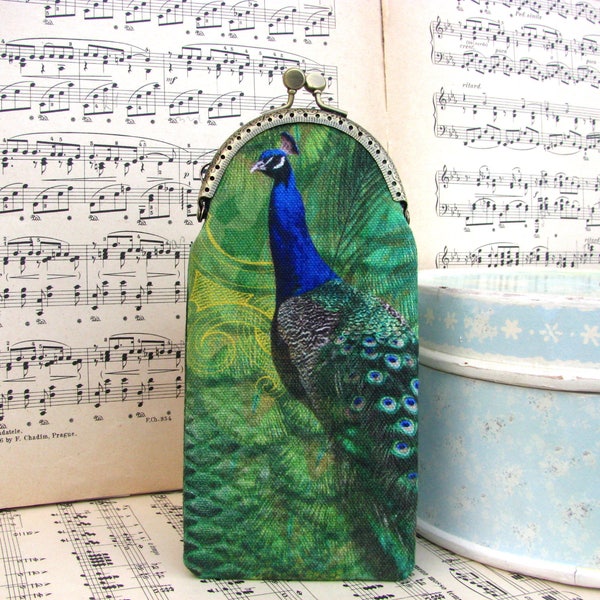 Modern eyeglass case with peacock, kiss lock case, feathers and butterfly