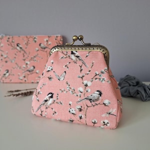 Porta-moedas clutch com pássaros, bolsa com fecho de beijo, tema primavera